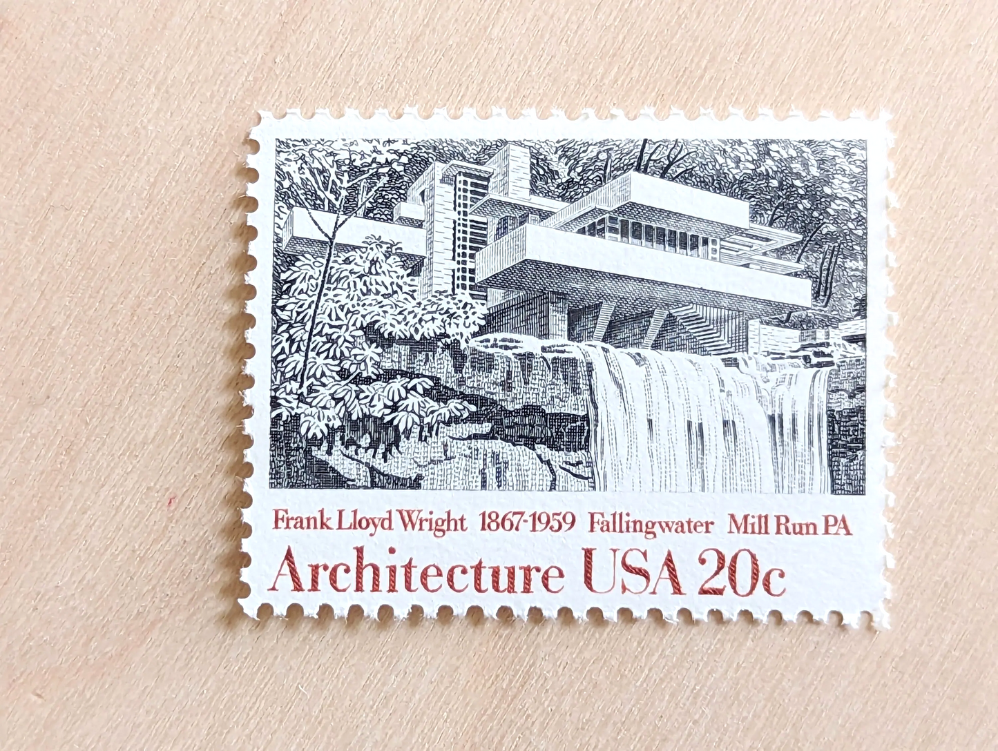 Architecture, Vintage Unused USPS 20 Cent Postage Stamps, American Architecture (Gropius House, Dulles Airport, Fallingwater, Illinois Inst Tech), 1982, Gummed