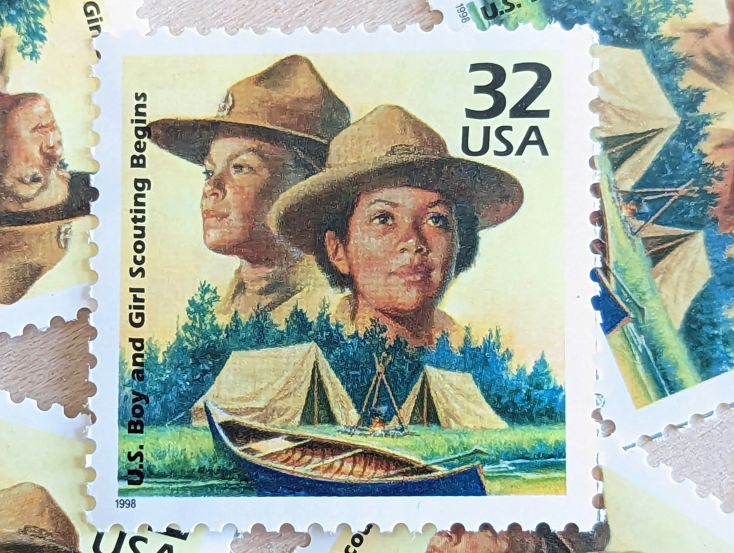 Boy and Girl Scouts of America, Set of 5, Vintage Unused USPS 32 Cent Postage Stamps, 1910s Celebrate the Century Series 1998, Gummed