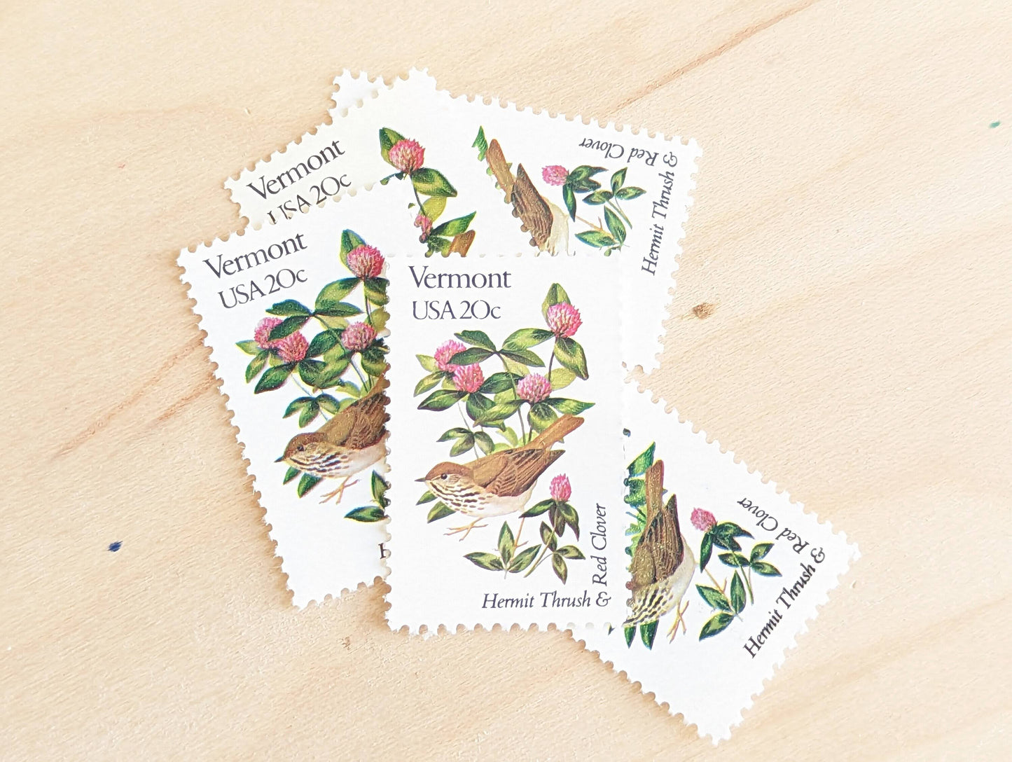Vermont State Stamp, Set of 5, Vintage Unused USPS 20 Cent Postage Stamps, State Bird and Flower 1982, Gummed