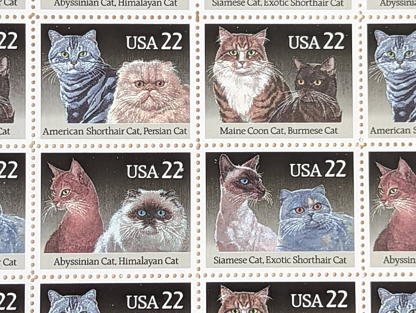 Cats, Sheet of 40, Vintage Unused USPS 22 Cent Postage Stamps, Cat Stamps (American Shorthair, Persian, Abyssinian, Himalayan, Siamese, Exotic Shorthair, Maine Coon, Burmese), 1987, Gummed