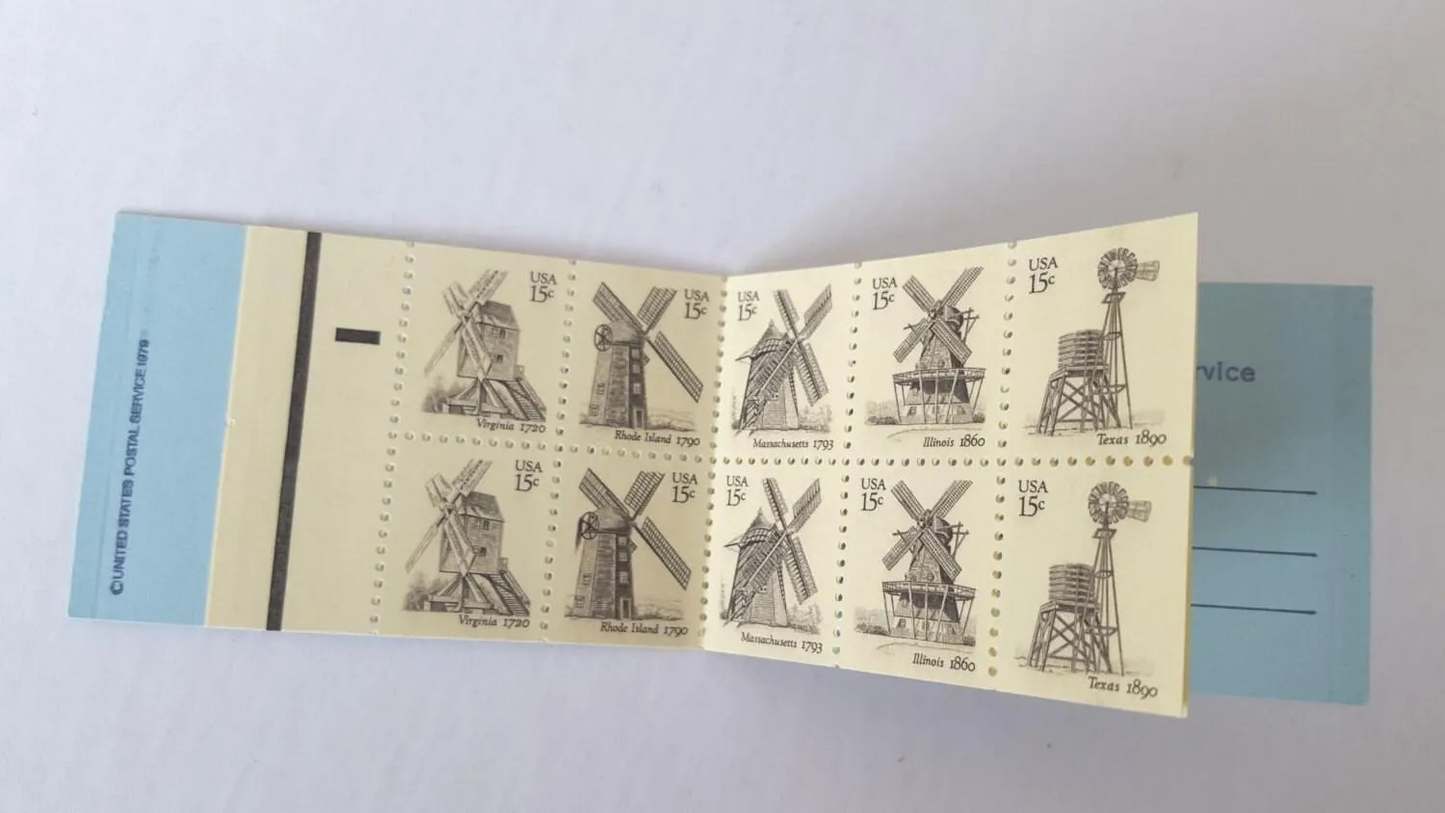 Windmills, Booklet of 20, Vintage Unused USPS 15 Cent Postage Stamps, Windmills (Virginia, Rhode Island, Massachusetts, Illinois, and Texas), 1980, Gummed