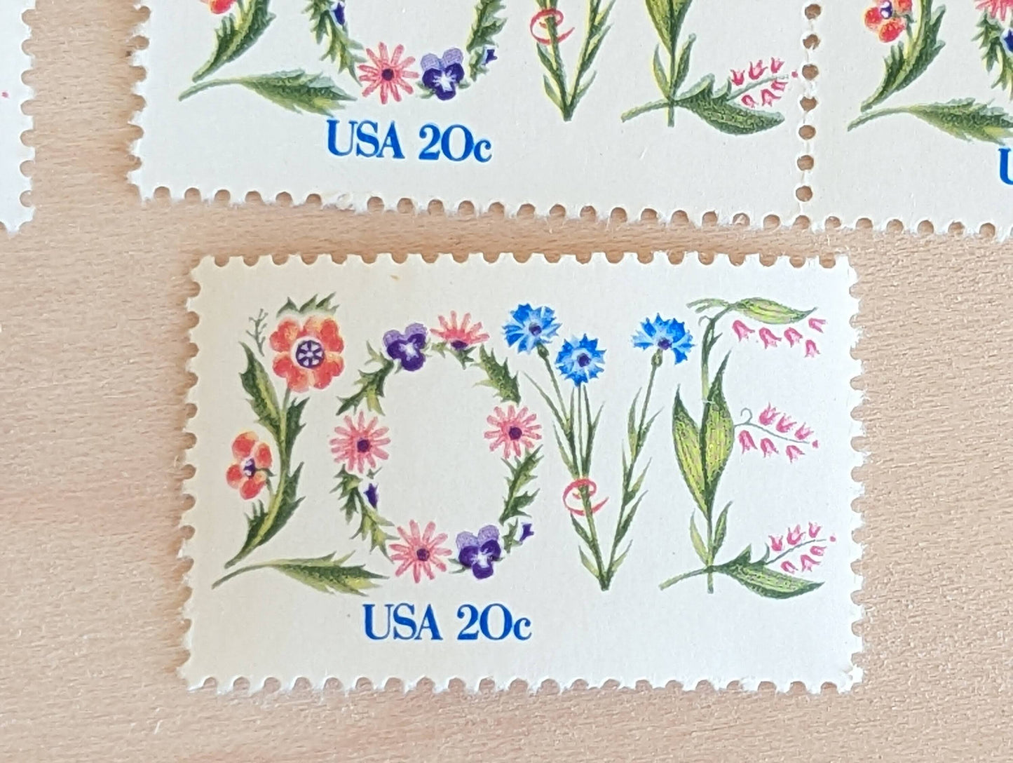 Love Flower Stamps, 20 cent stamps, 1982 Unused USPS Postage Stamps, Love floral