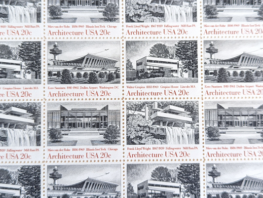 Architecture, Vintage Unused USPS 20 Cent Postage Stamps, American Architecture (Gropius House, Dulles Airport, Fallingwater, Illinois Inst Tech), 1982, Gummed