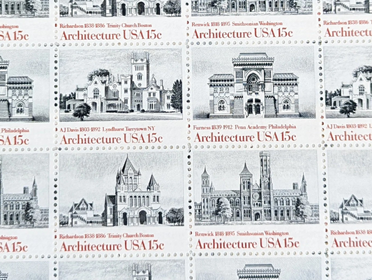 Architecture, Vintage Unused USPS 15 Cent Postage Stamps, American Architecture (Smithsonian, Trinity Church Boston, Penn Academy and Lyndhurst), 1980, Gummed