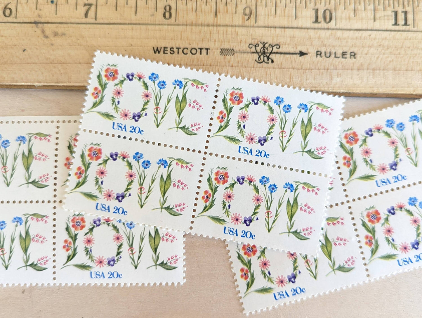 Love Flower Stamps, 20 cent stamps, 1982 Unused USPS Postage Stamps, Love floral