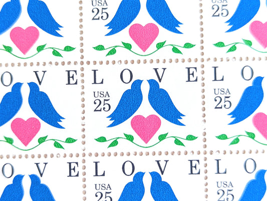Doves and Heart, Vintage Unused USPS 25 Cent Postage Stamps, Love Series Stamps, 1995, Gummed