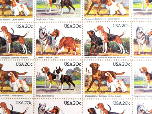 Dog Stamps, 20 Cent Postage Stamps 1984, Cocker Spaniel, Chesapeake Bay Retriever, Beagle, Boston Terrier, Coonhound, Foxhound, Alaskan Malamute and Collie