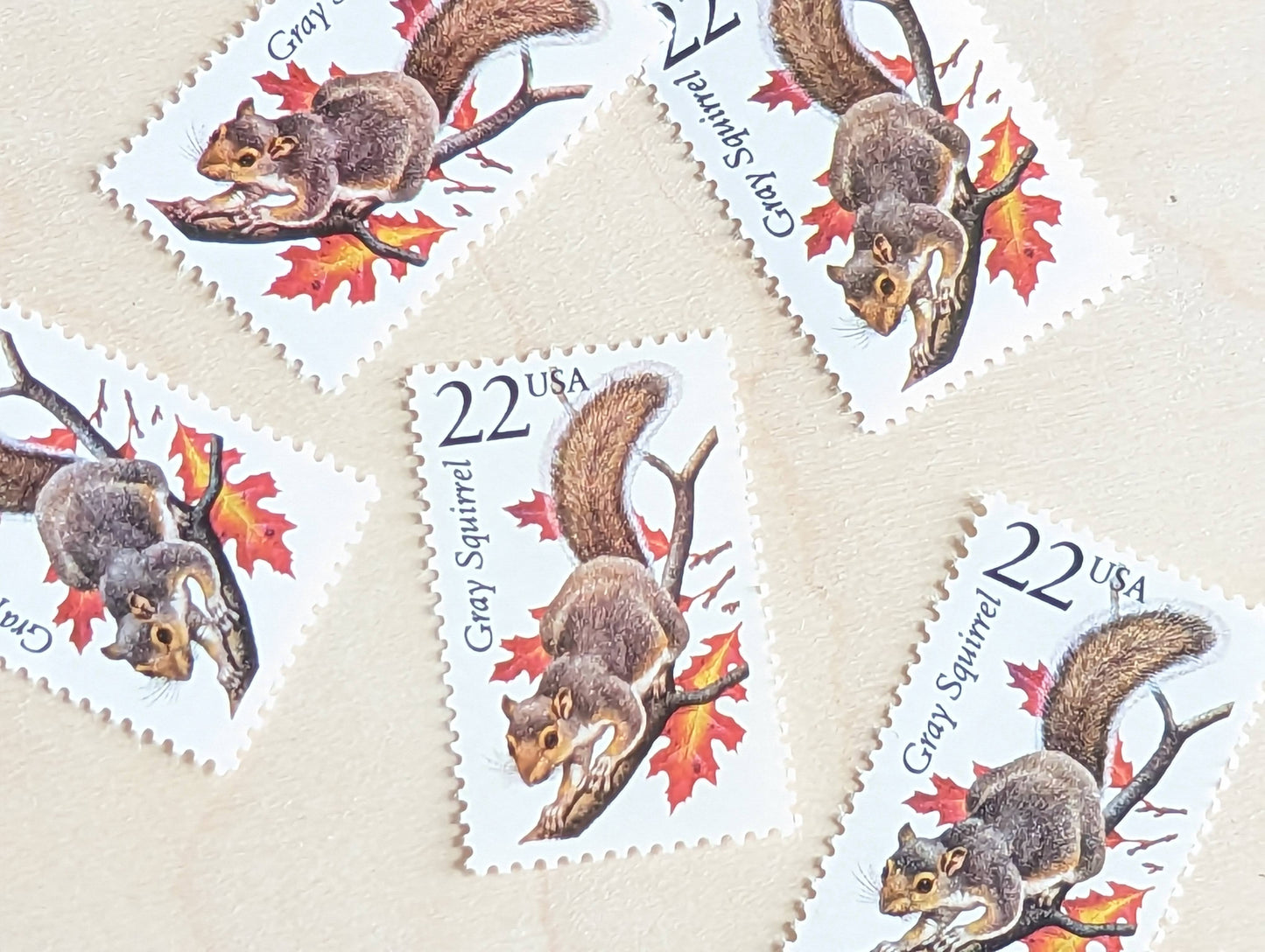 5 Gray Squirrel Stamps, 22 Cent, 1987, Unused Postage Stamps