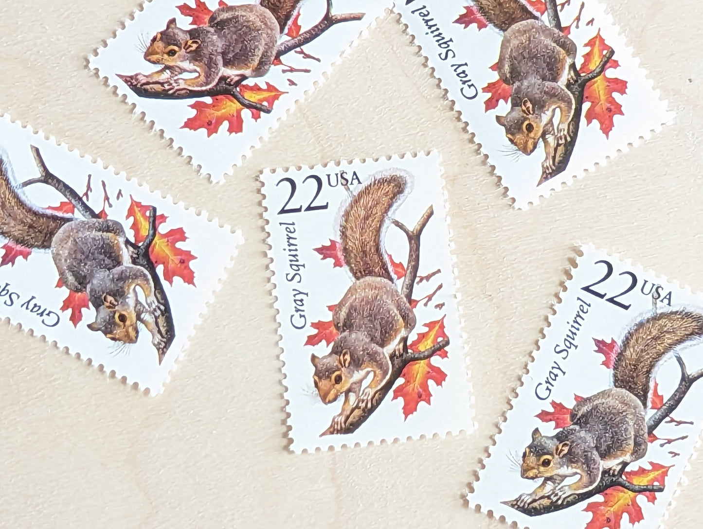 5 Gray Squirrel Stamps, 22 Cent, 1987, Unused Postage Stamps