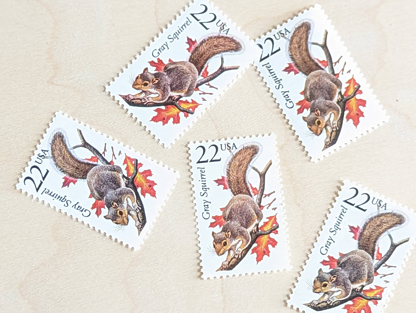 5 Gray Squirrel Stamps, 22 Cent, 1987, Unused Postage Stamps