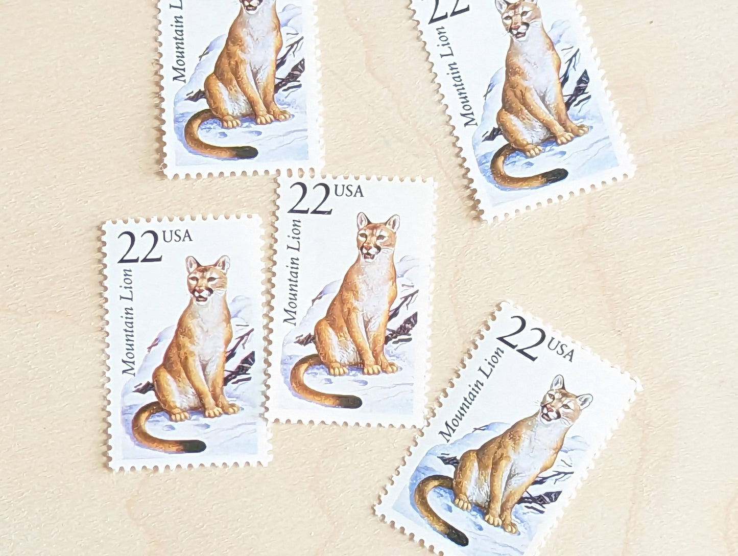 5 Mountain Lion Stamps, 22 Cent, 1987, Unused Postage Stamps