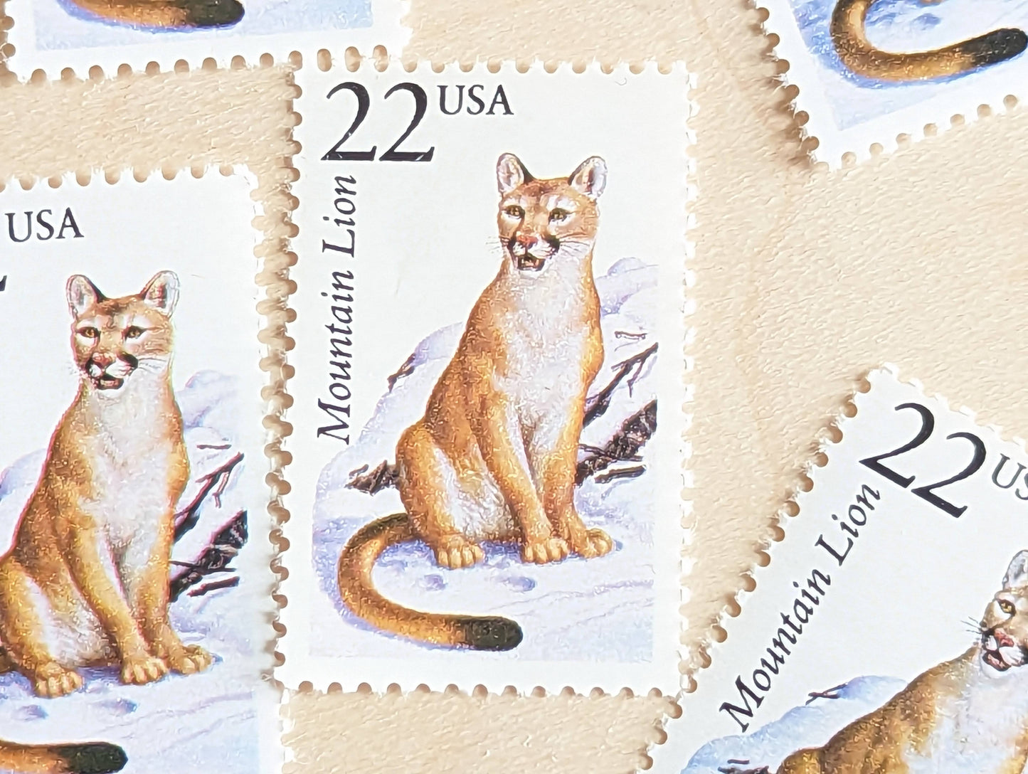 5 Mountain Lion Stamps, 22 Cent, 1987, Unused Postage Stamps