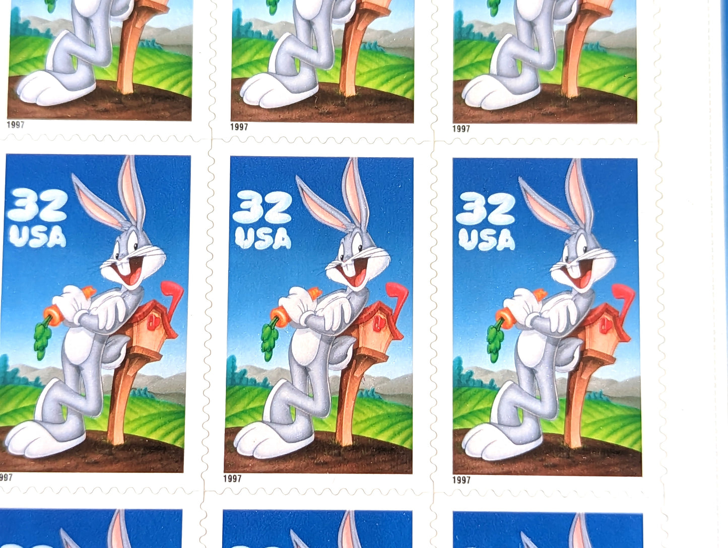 Bugs Bunny Looney Tunes, Sheet of 10, Vintage Unused USPS 32 Cent Postage Stamps, Looney Tunes Stamps (Souvenir Sheet), 1997, Gummed