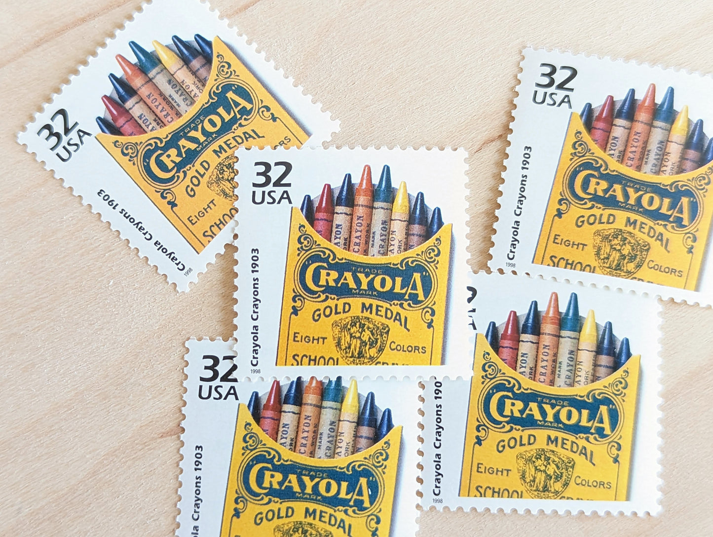 5 Crayola Crayons Stamps, 32 Cent, 1998, 1900s Celebrate the Century, Unused Postage Stamps