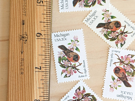 5 Michigan State Stamp, 20 Cent, 1982, State Bird and Flower, Unused Postage Stamps