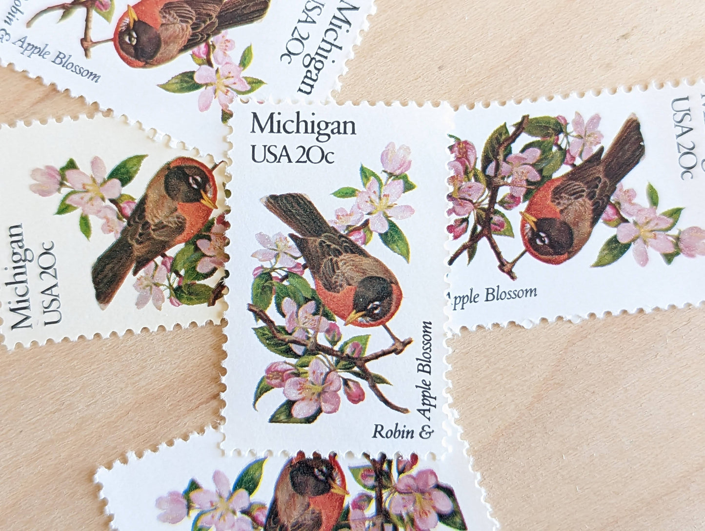 5 Michigan State Stamp, 20 Cent, 1982, State Bird and Flower, Unused Postage Stamps