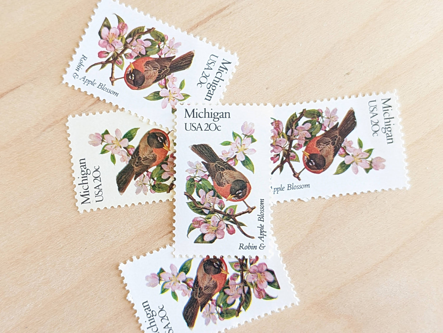 5 Michigan State Stamp, 20 Cent, 1982, State Bird and Flower, Unused Postage Stamps