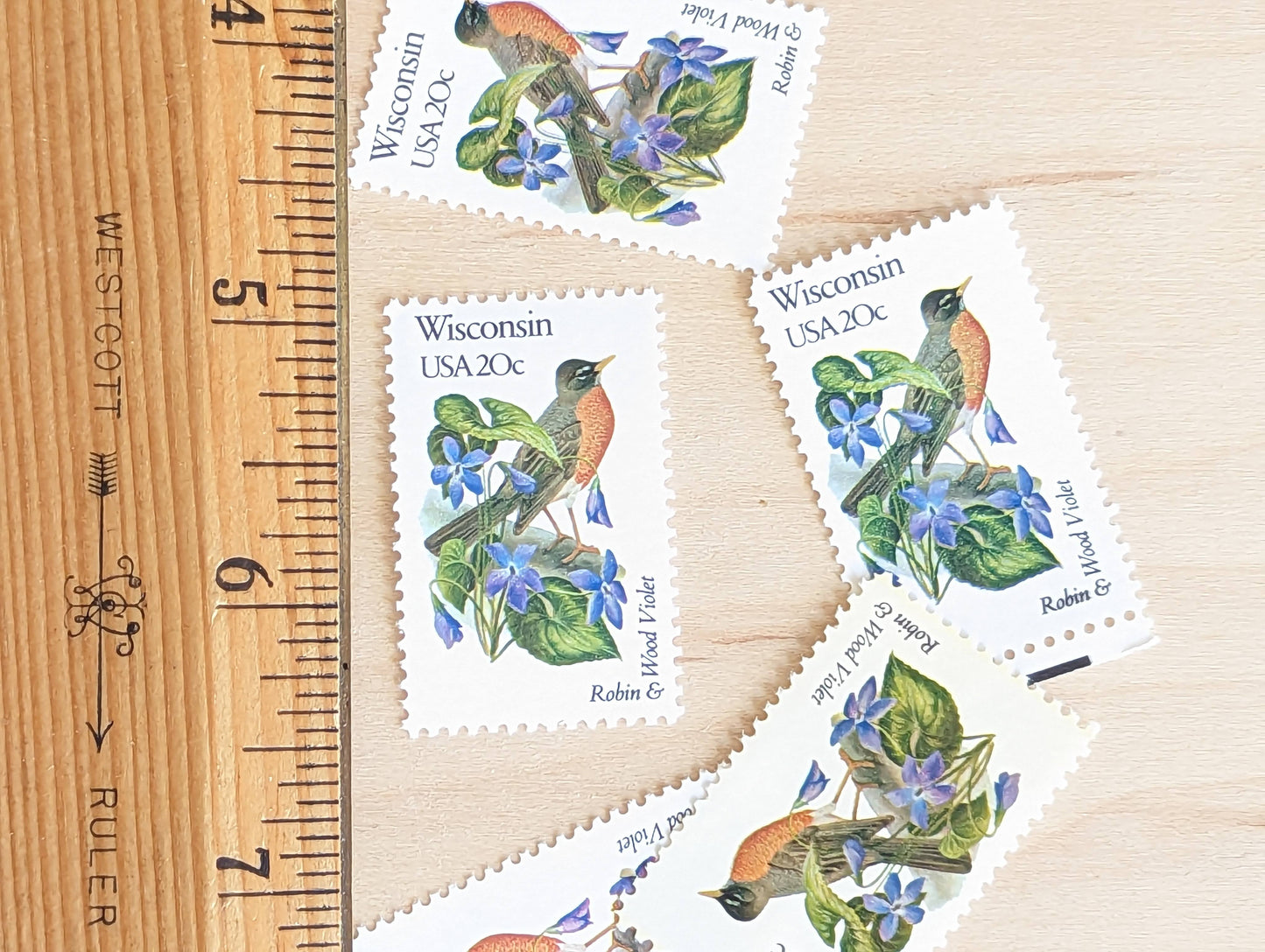 5 Wisconsin State Stamp, 20 Cent, 1982, State Bird and Flower, Unused Postage Stamps