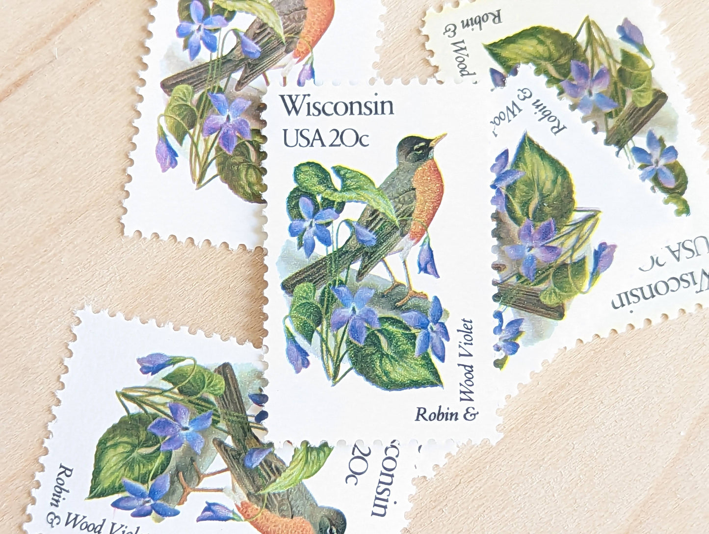 5 Wisconsin State Stamp, 20 Cent, 1982, State Bird and Flower, Unused Postage Stamps