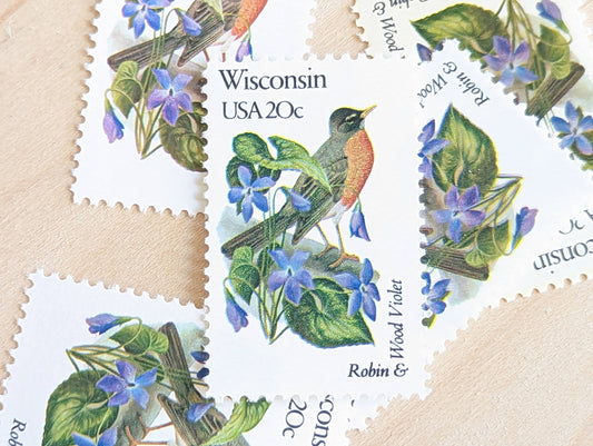 5 Wisconsin State Stamp, 20 Cent, 1982, State Bird and Flower, Unused Postage Stamps