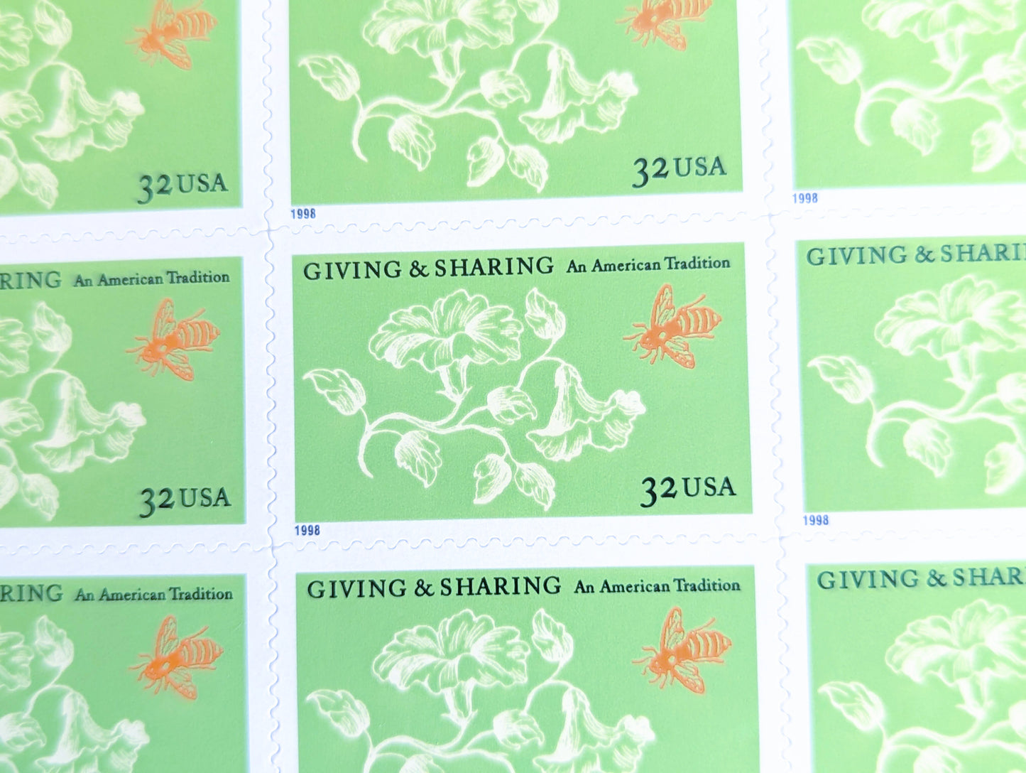 Giving and Sharing An American Tradition, Vintage Unused USPS 32 Cent Postage Stamps, Giving and Sharing Stamps, 1998, Gummed