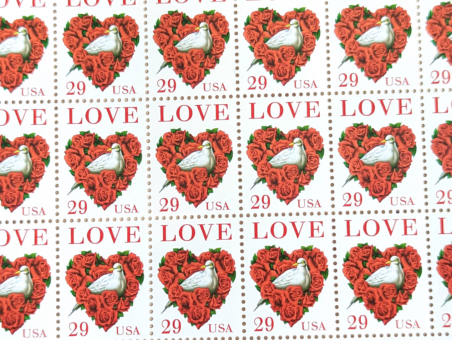 Dove Red Rose Love, Vintage Unused USPS 29 Cent Postage Stamps, Love Series Stamps, 1991, Gummed
