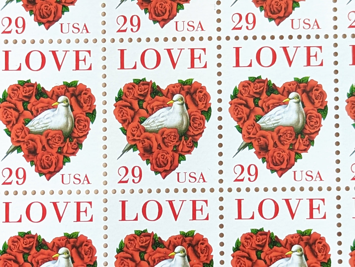 Dove Red Rose Love, Vintage Unused USPS 29 Cent Postage Stamps, Love Series Stamps, 1991, Gummed
