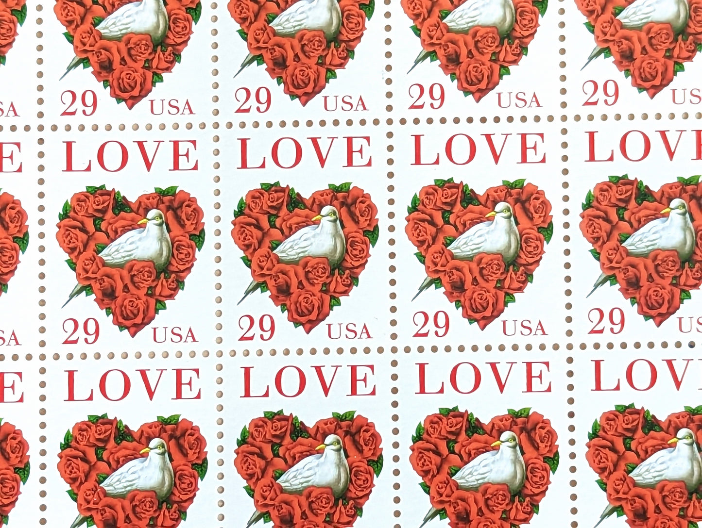 Dove Red Rose Love, Vintage Unused USPS 29 Cent Postage Stamps, Love Series Stamps, 1991, Gummed