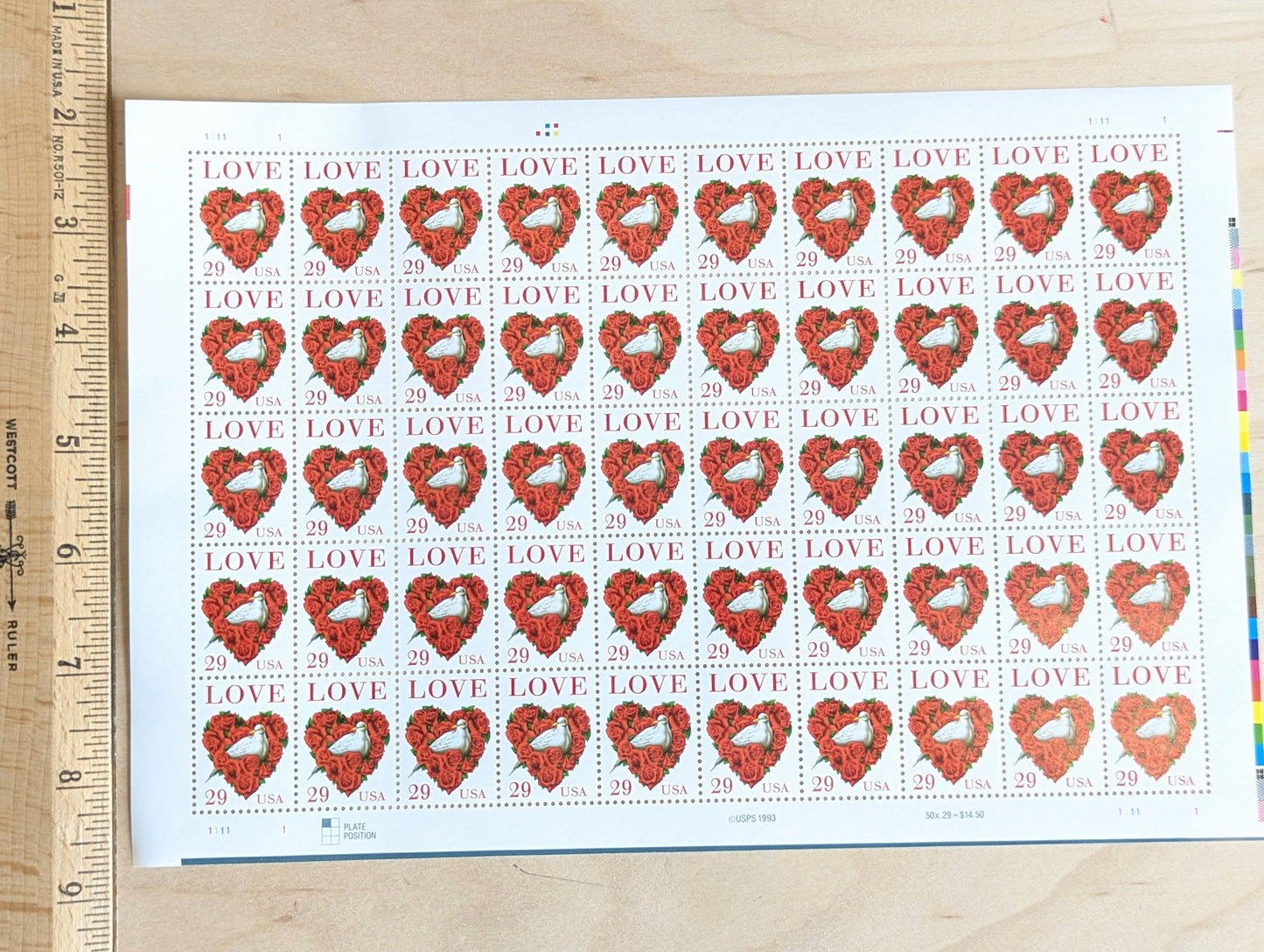 Dove Red Rose Love, Vintage Unused USPS 29 Cent Postage Stamps, Love Series Stamps, 1991, Gummed