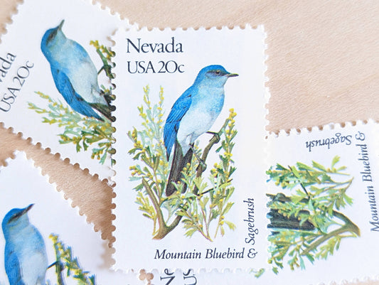 Nevada State Stamp, Set of 5, Vintage Unused USPS 20 Cent Postage Stamps, State Bird and Flower, 1982, Gummed