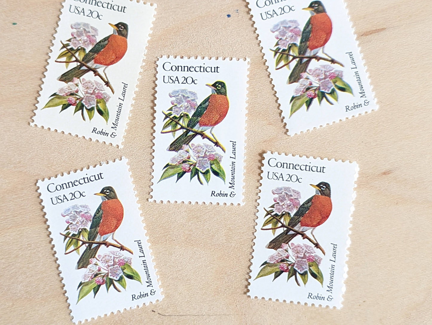 5 Connecticut State Bird and Flower, 20 Cent, 1982, Unused Postage Stamps