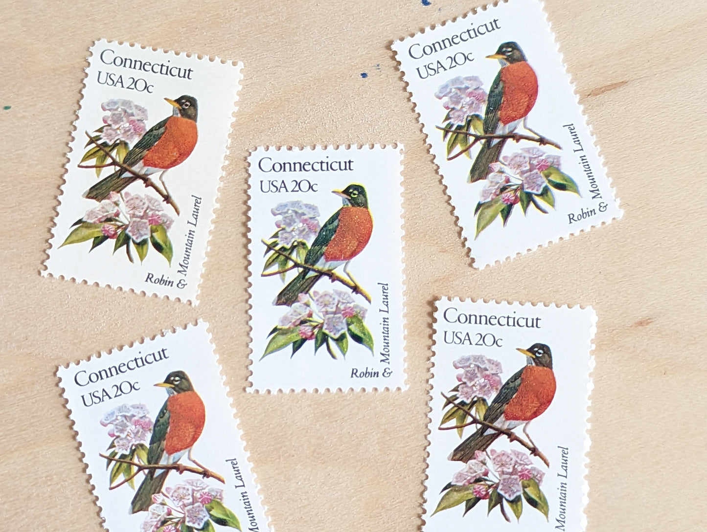 5 Connecticut State Bird and Flower, 20 Cent, 1982, Unused Postage Stamps