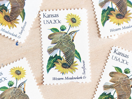 5 Kansas State Bird and Flower, 20 Cent, 1982, Unused Postage Stamps