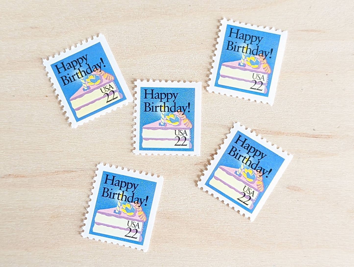 5 Happy Birthday Stamps, 22 Cent, 1987, Birthday Cake Unused US Postage Stamps