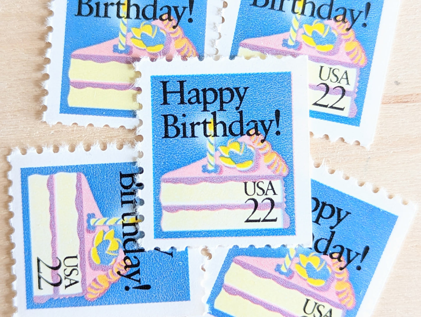 5 Happy Birthday Stamps, 22 Cent, 1987, Birthday Cake Unused US Postage Stamps