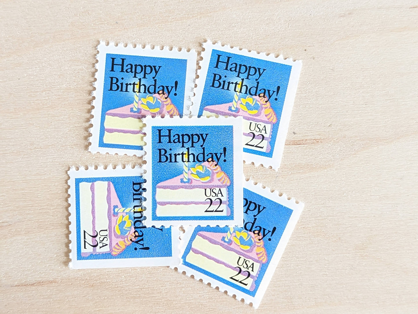 5 Happy Birthday Stamps, 22 Cent, 1987, Birthday Cake Unused US Postage Stamps