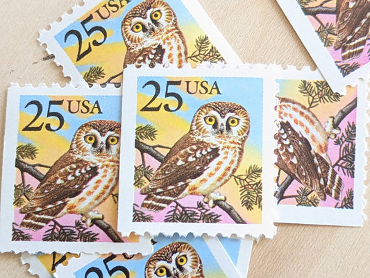 10 Owl Stamps, 1988, 25 Cents, Bird Stamps, Unused US Postage