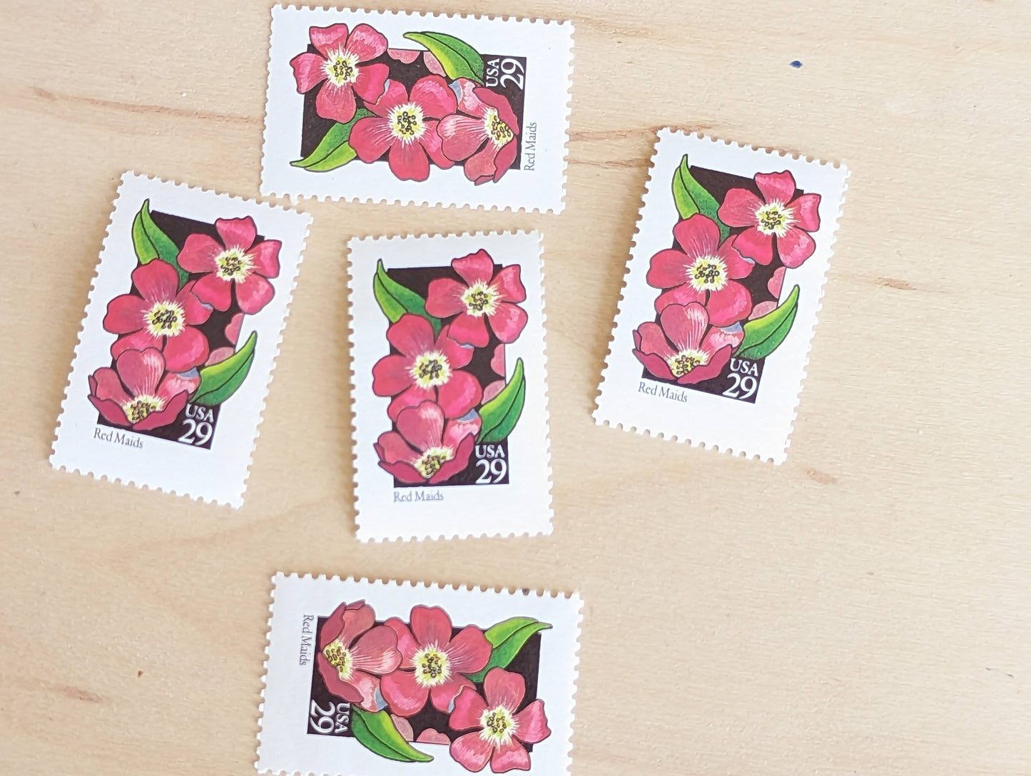 Set of 5 Red Maids Wildflower Stamps, 29 cent stamps, 1992 Unused USPS Postage Stamps