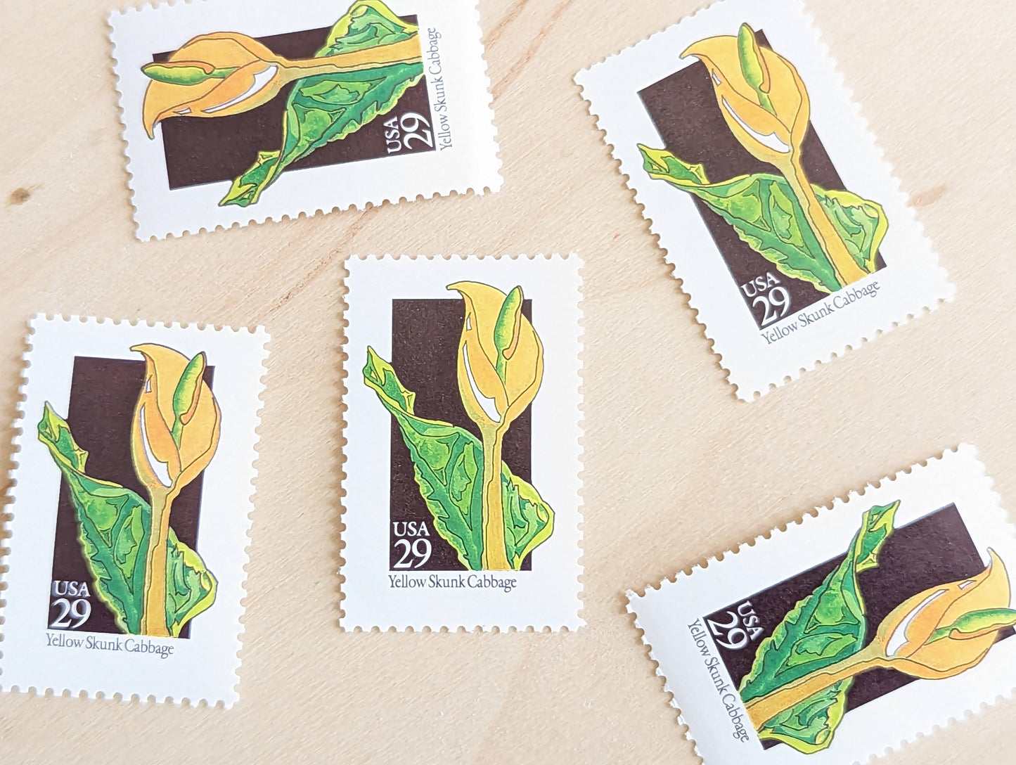 Set of 5 Yellow Skunk Cabbage Wildflower Stamps, 29 cent stamps, 1992 Unused USPS Postage Stamp