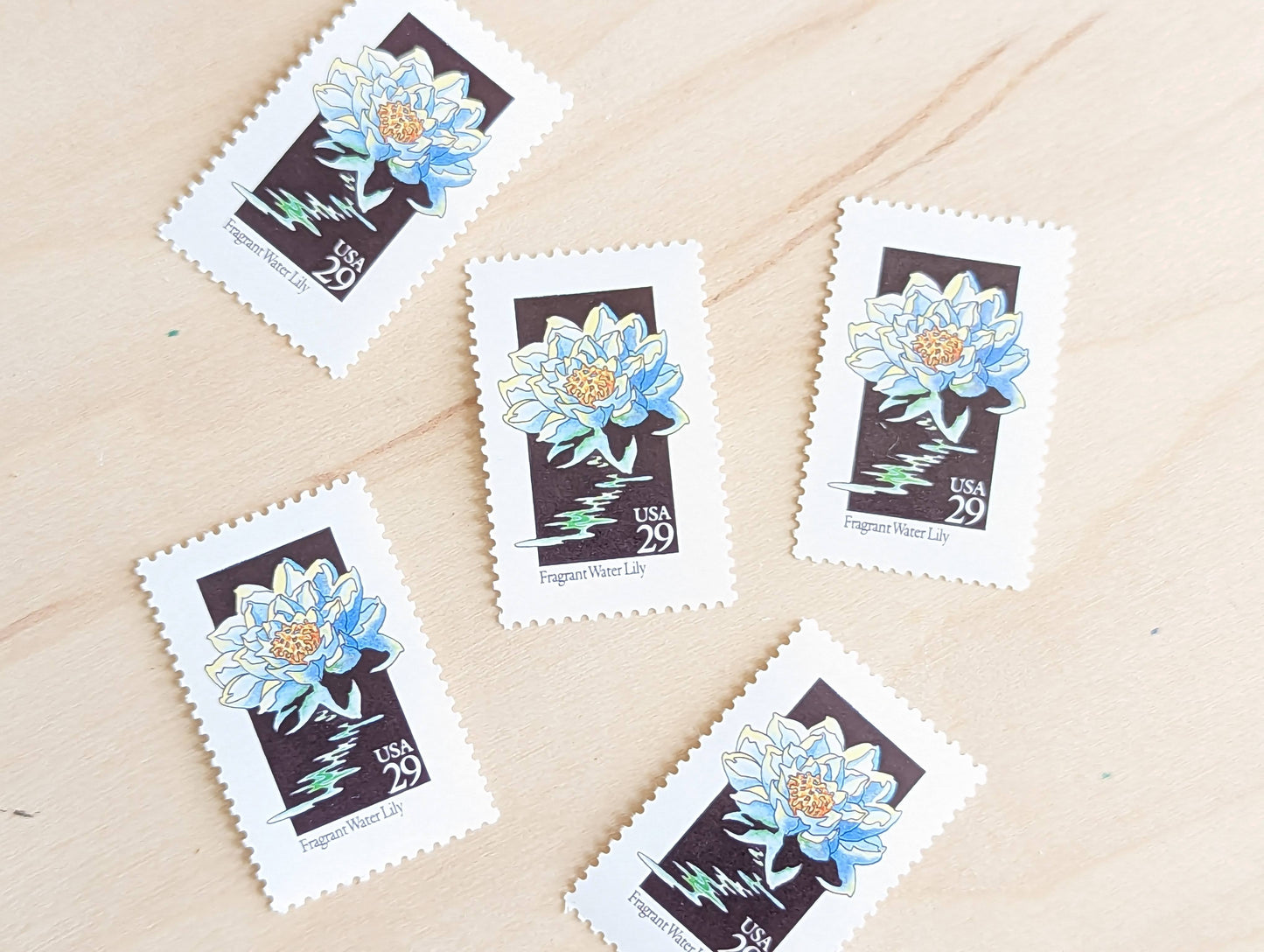 Set of 5 Fragrant Water Lily Wildflower Stamps, 29 cent stamps, 1992 Unused USPS Postage Stamps