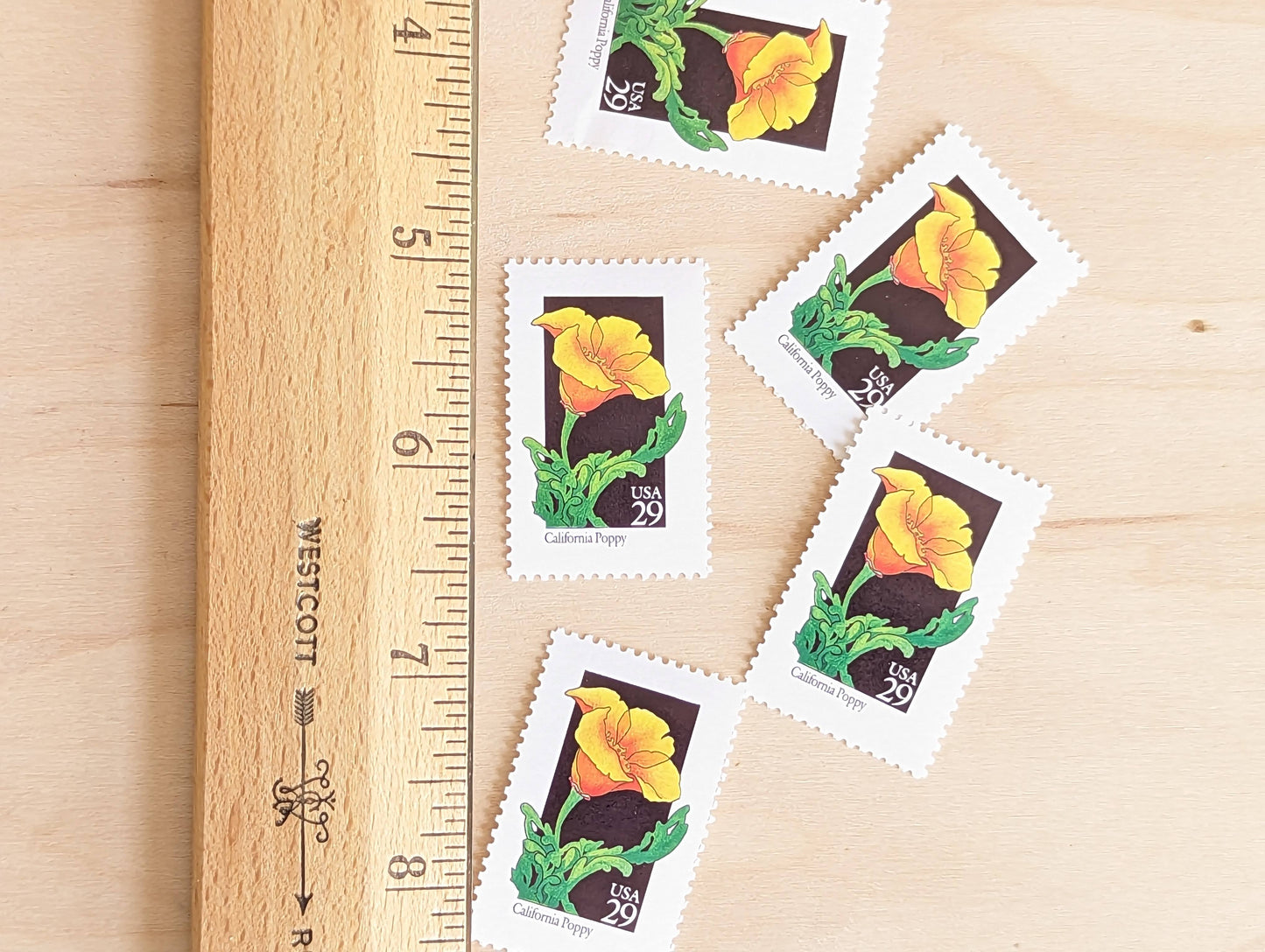 Set of 5 California Poppy Wildflower Stamps, 29 cent stamps, 1992 Unused USPS Postage Stamps