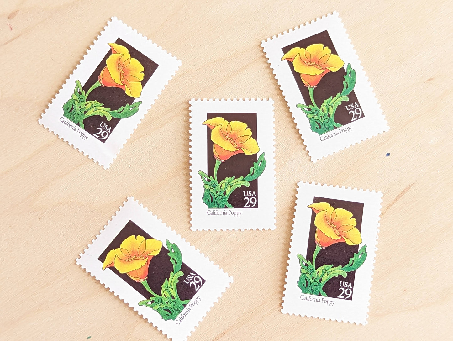 Set of 5 California Poppy Wildflower Stamps, 29 cent stamps, 1992 Unused USPS Postage Stamps