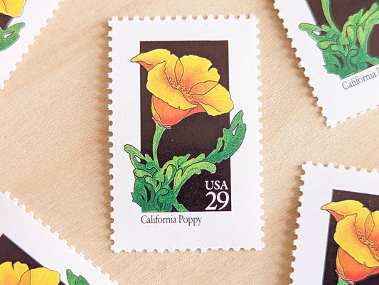 Set of 5 California Poppy Wildflower Stamps, 29 cent stamps, 1992 Unused USPS Postage Stamps