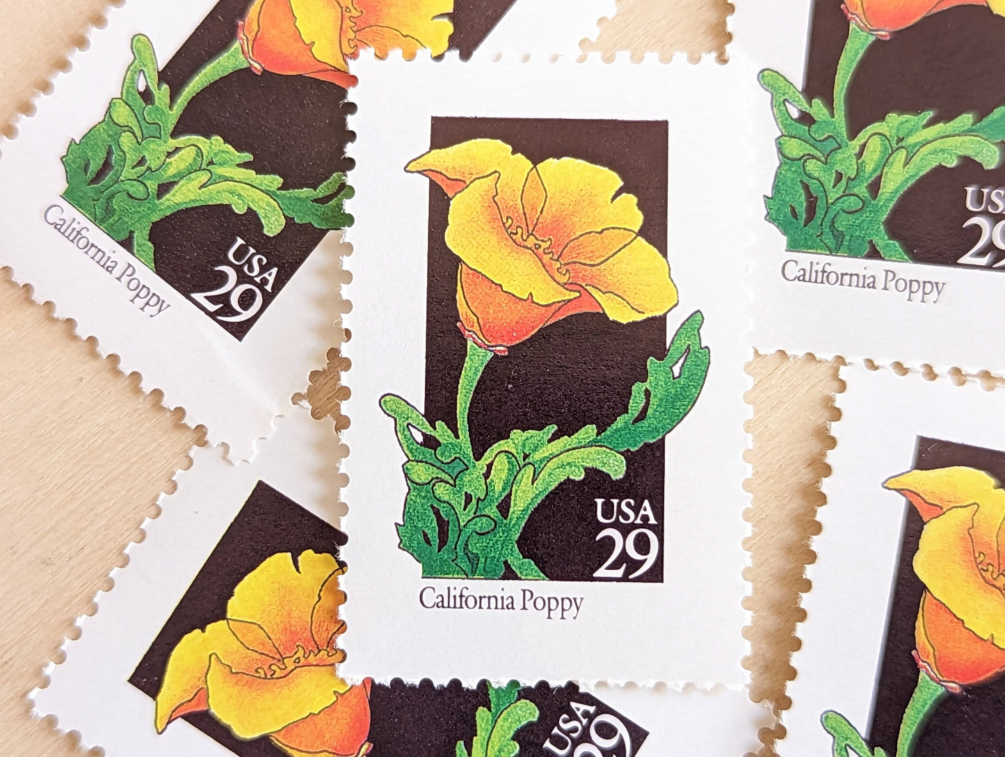 Set of 5 California Poppy Wildflower Stamps, 29 cent stamps, 1992 Unused USPS Postage Stamps