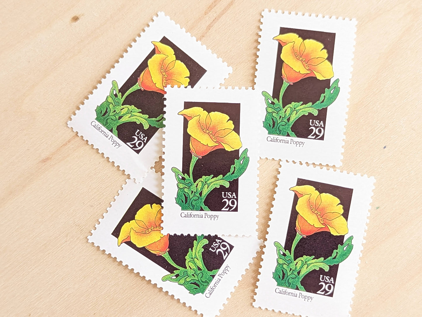 Set of 5 California Poppy Wildflower Stamps, 29 cent stamps, 1992 Unused USPS Postage Stamps