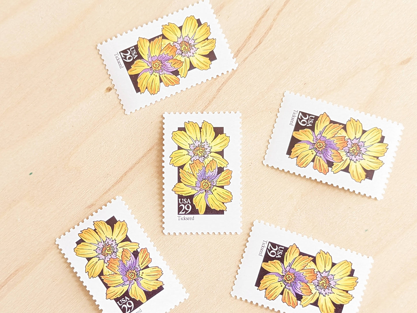 Set of 5 Tickseed Wildflower Stamps, 29 cent stamps, 1992 Unused USPS Postage Stamp