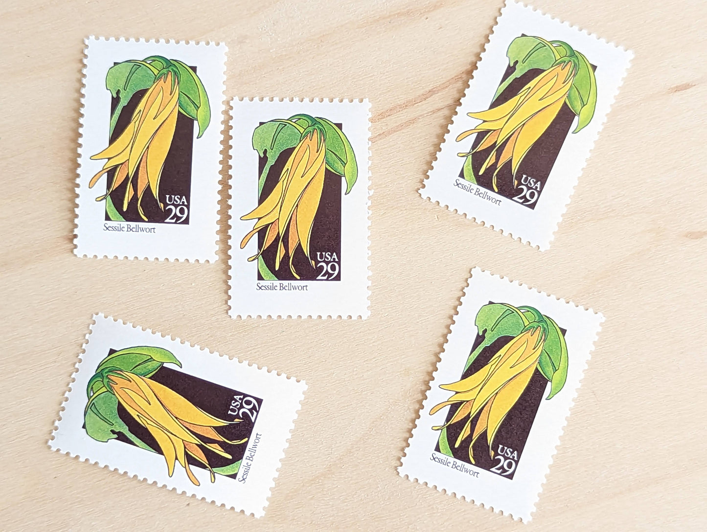 Set of 5 Sessile Bellwort Wildflower Stamps, 29 cent stamps, 1992 Unused USPS Postage Stamp