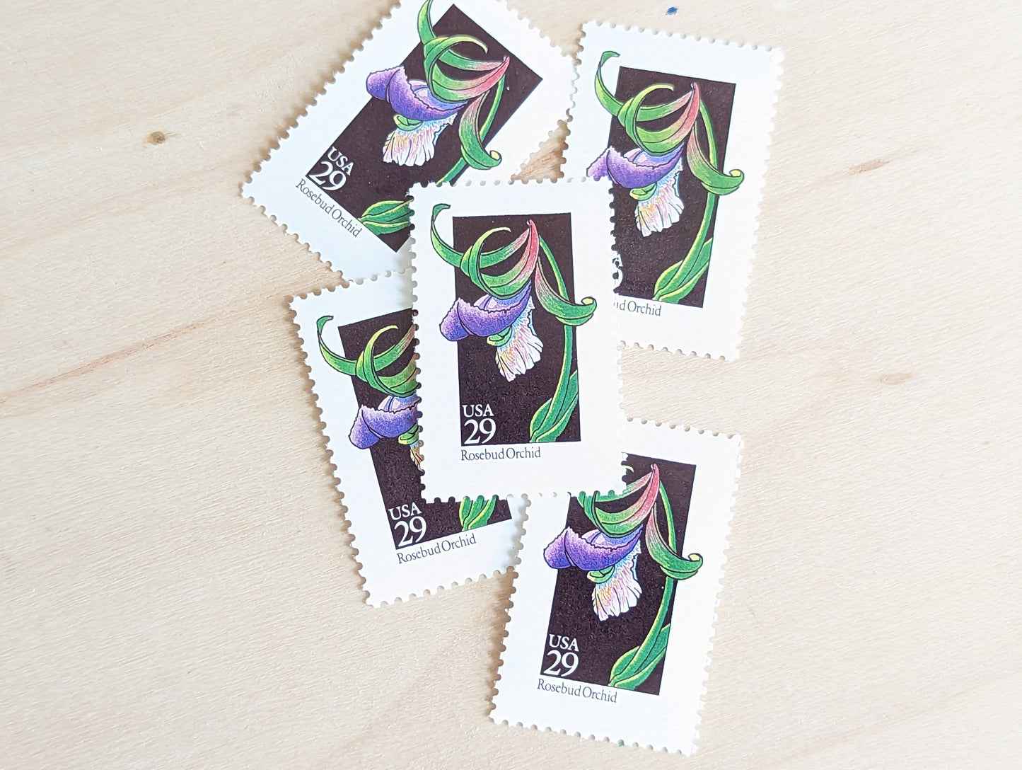 Set of 5 Rosebud Orchid Wildflower Stamps, 29 cent stamps, 1992 Unused USPS Postage Stamps