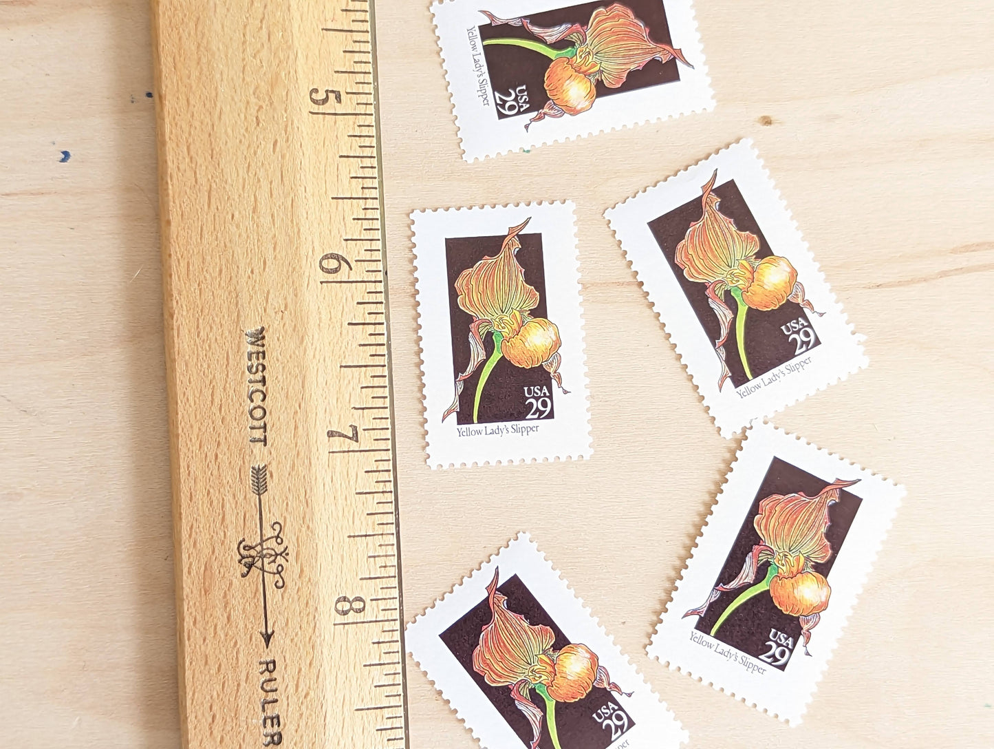 Set of 5 Yellow Lady's Slipper Wildflower Stamps, 29 cent stamps, 1992 Unused USPS Postage Stamps