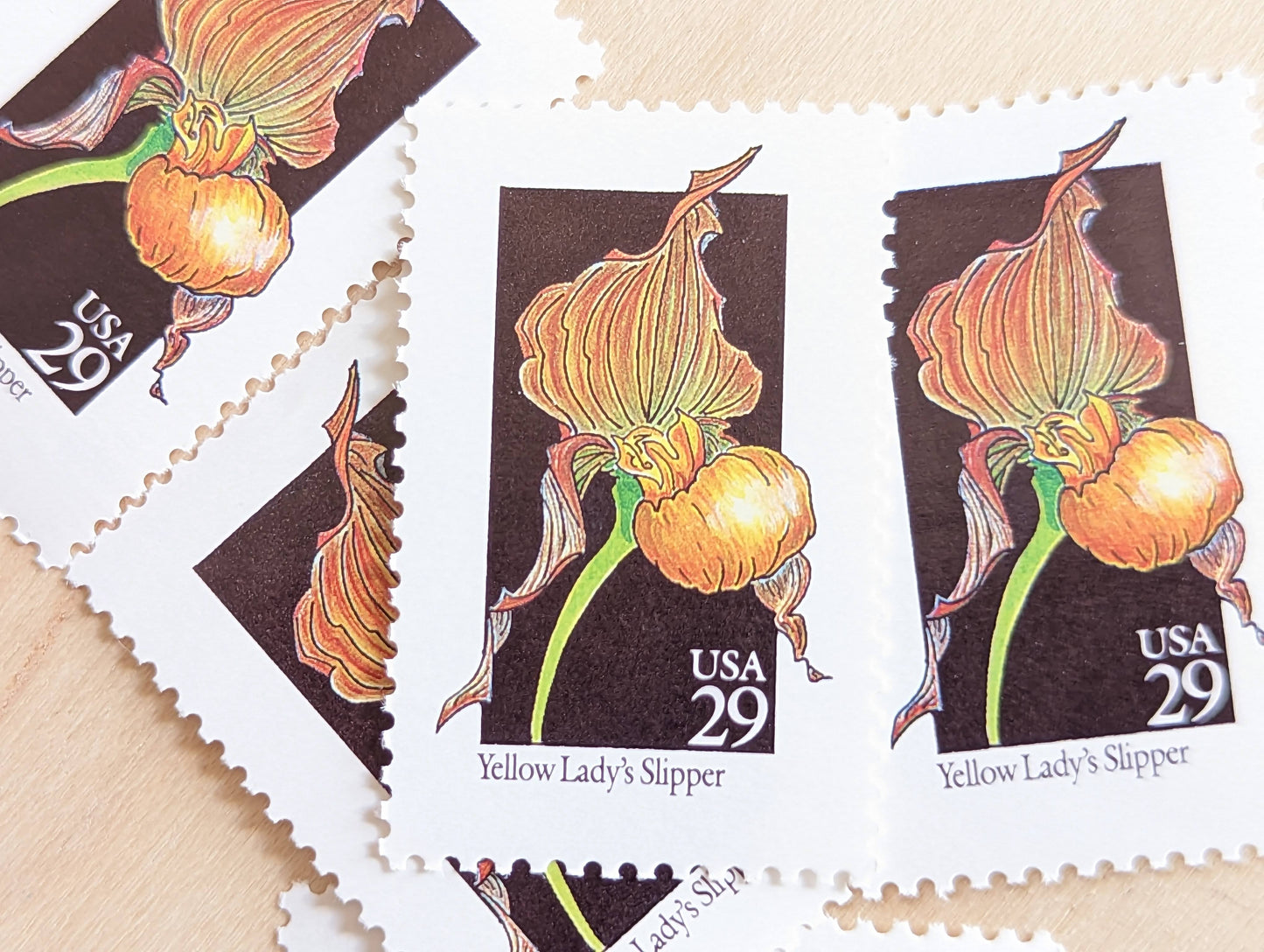 Set of 5 Yellow Lady's Slipper Wildflower Stamps, 29 cent stamps, 1992 Unused USPS Postage Stamps